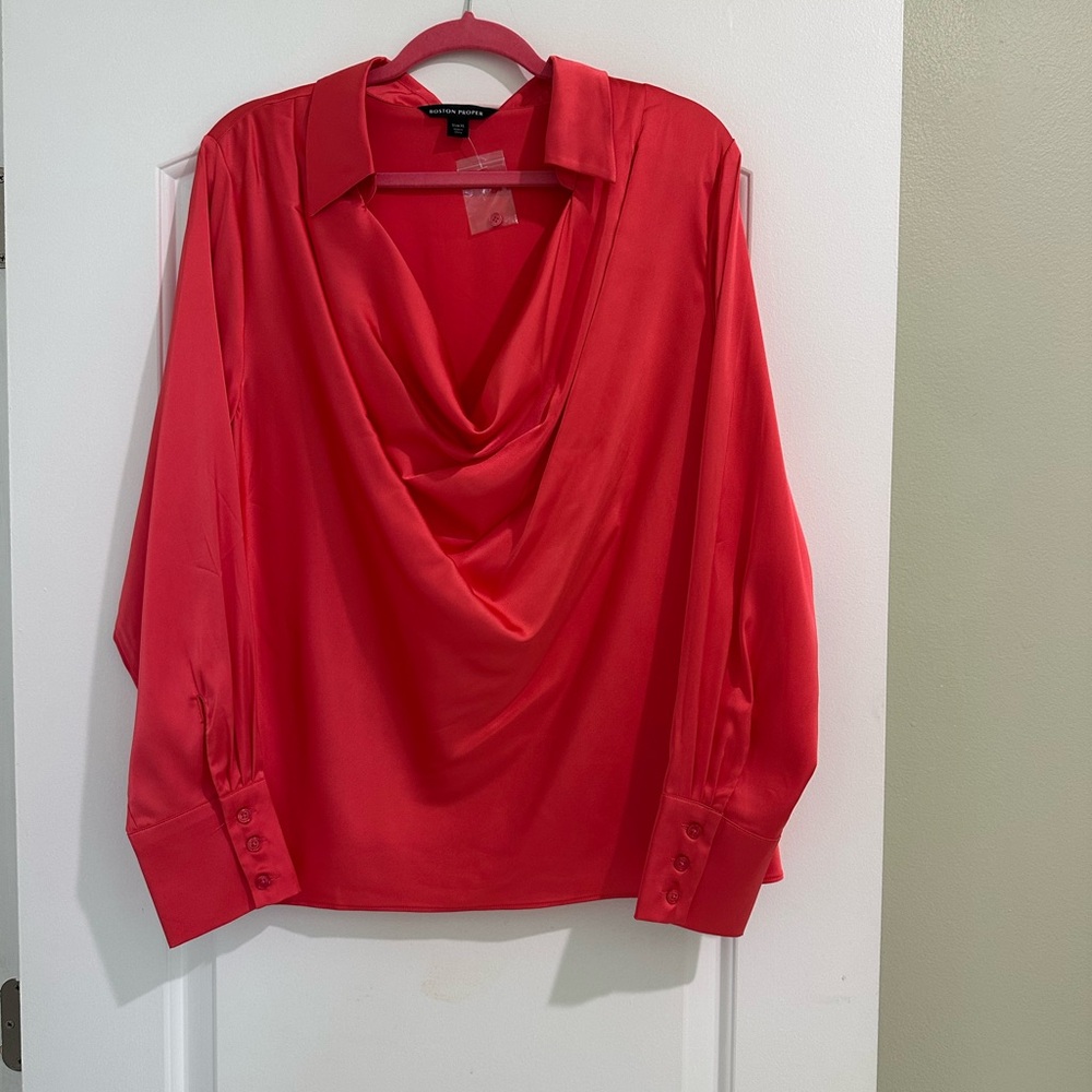 NWOT Boston Proper Vibrant Red Cowl Neck Long Sleeve Blouse